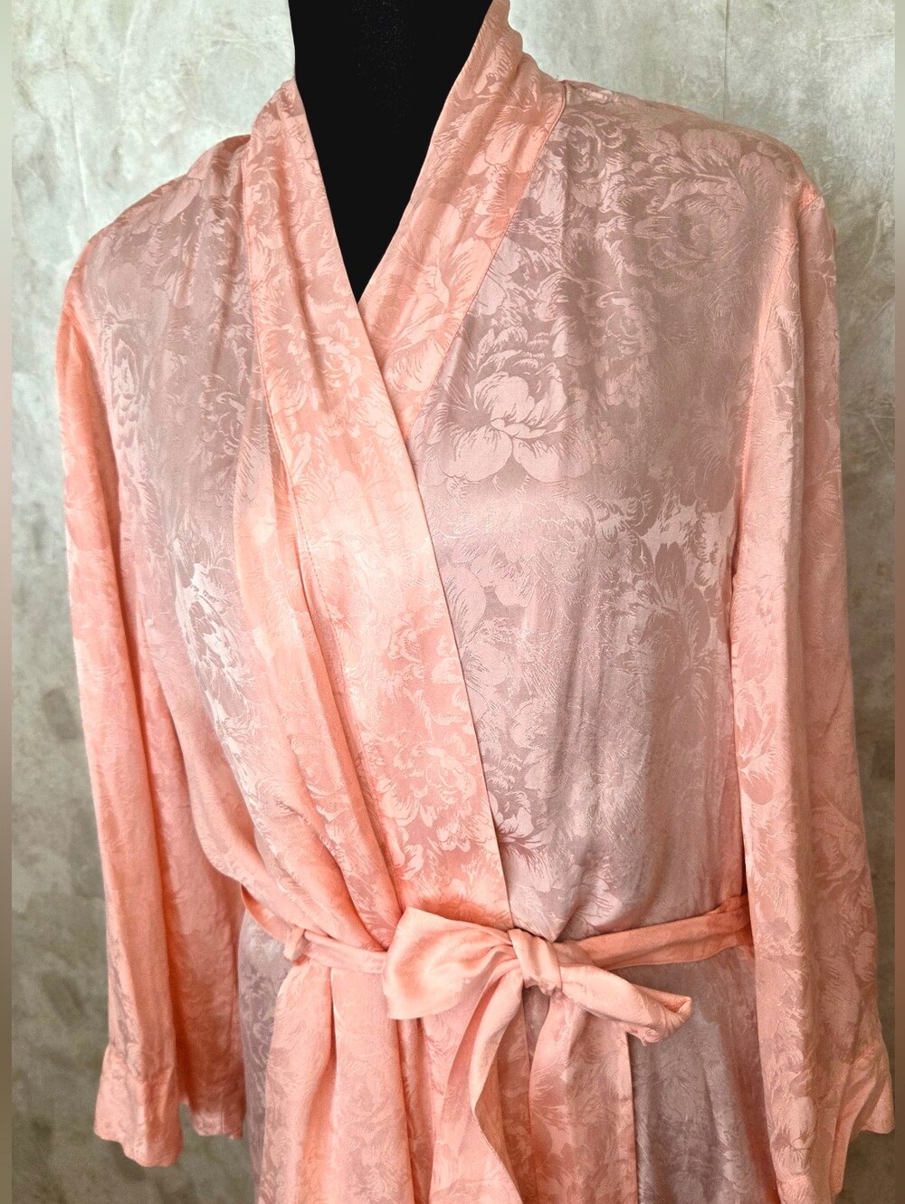 Vintage Pink Silk Blend Jacquard Robe | Floral Damask Tie Waist | Loungewear